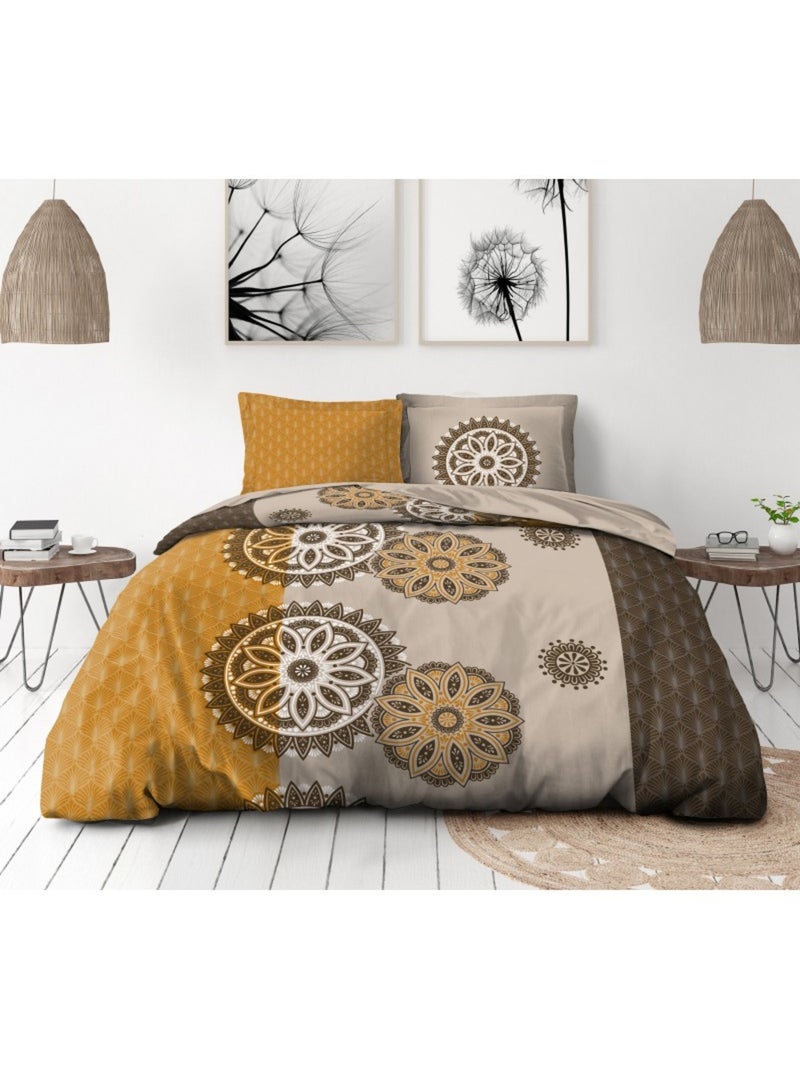 Parure de couette  100%  coton 57 fils     - YUCATAN Jaune moutarde - Kiabi