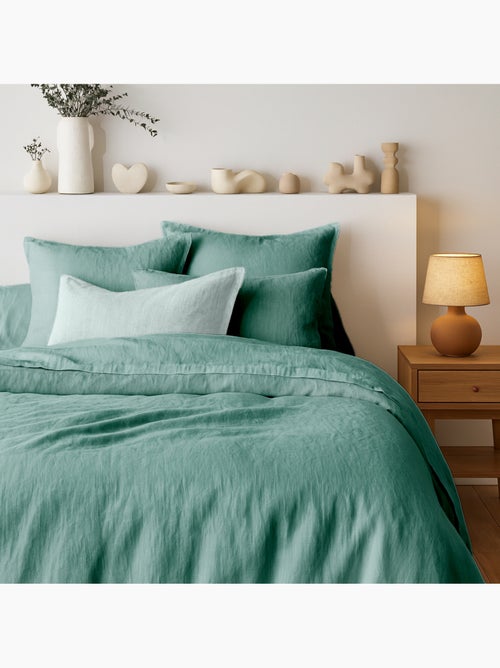Parure de couette 100%  LIN Couleur Vert Emeraude - Housse de couette 140x200 et 1 taie 63x63 - Kiabi