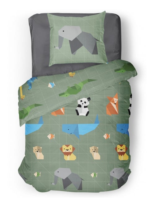 Parure de couette 2 pieces enfant coton 57 fils vert 140x200 cm - ORIGATOON - Kiabi