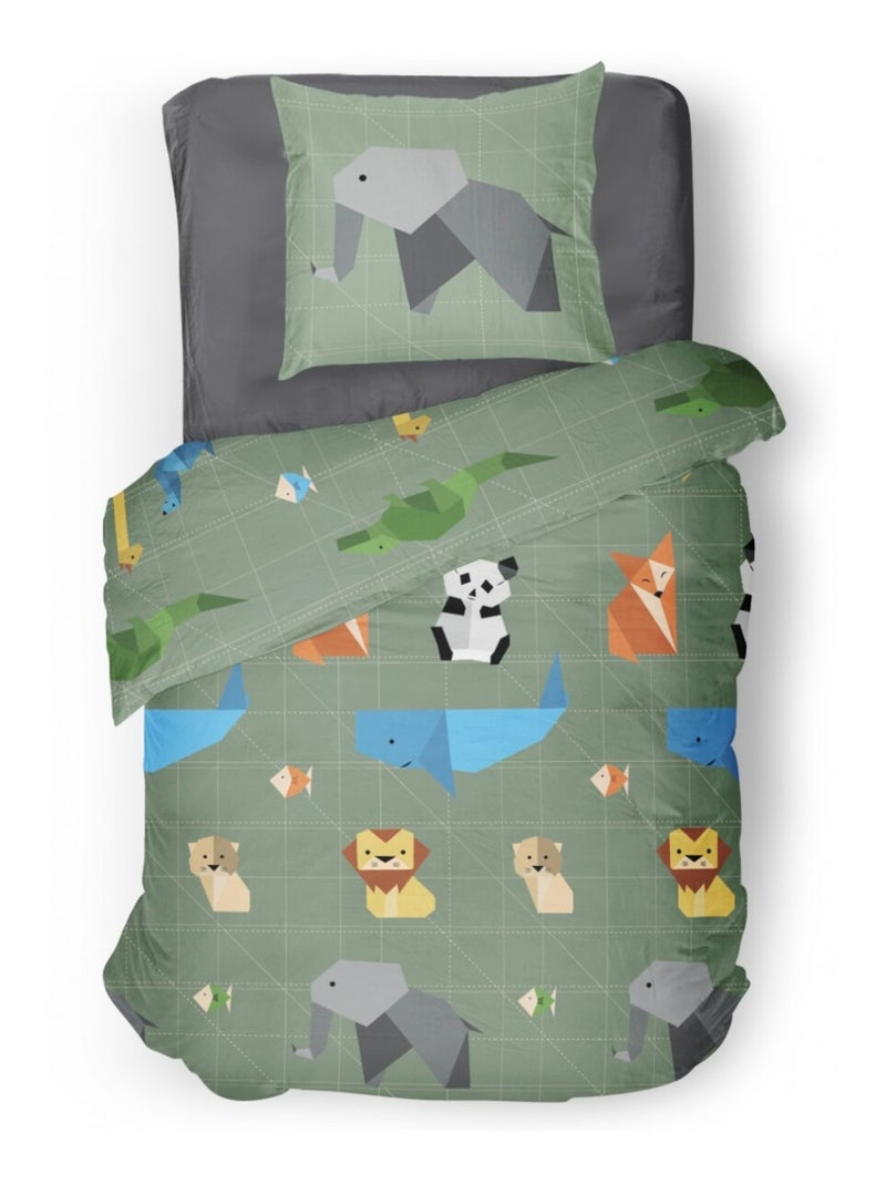 Parure de couette 2 pieces enfant coton 57 fils vert 140x200 cm - ORIGATOON Vert - Kiabi