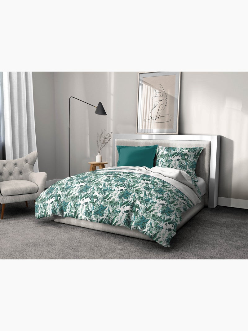 Parure de couette en percale de coton La Nomade Blanc Vert Blanc - Kiabi