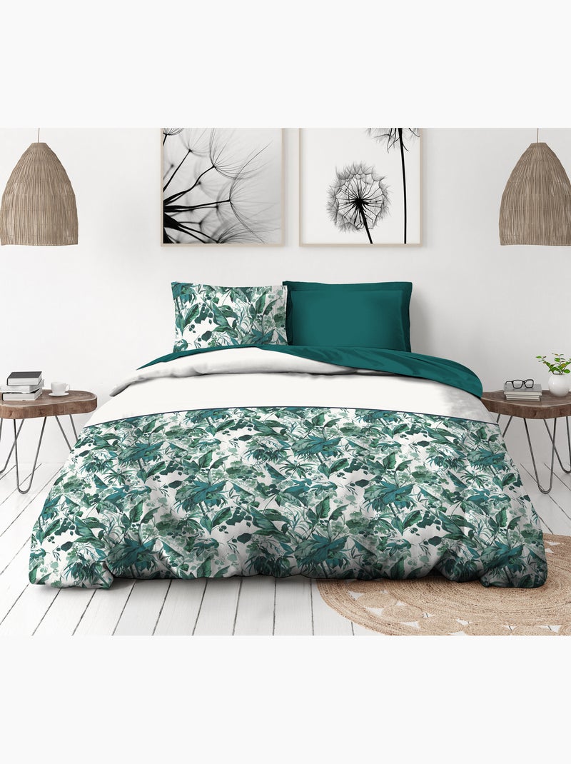 Parure de couette en percale de coton La Nomade Blanc Vert Blanc - Kiabi