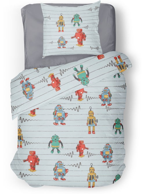 Parure de couette enfant 2 pieces coton 57 fils gris clair 140x200 cm - VINTAGE TOY - Kiabi