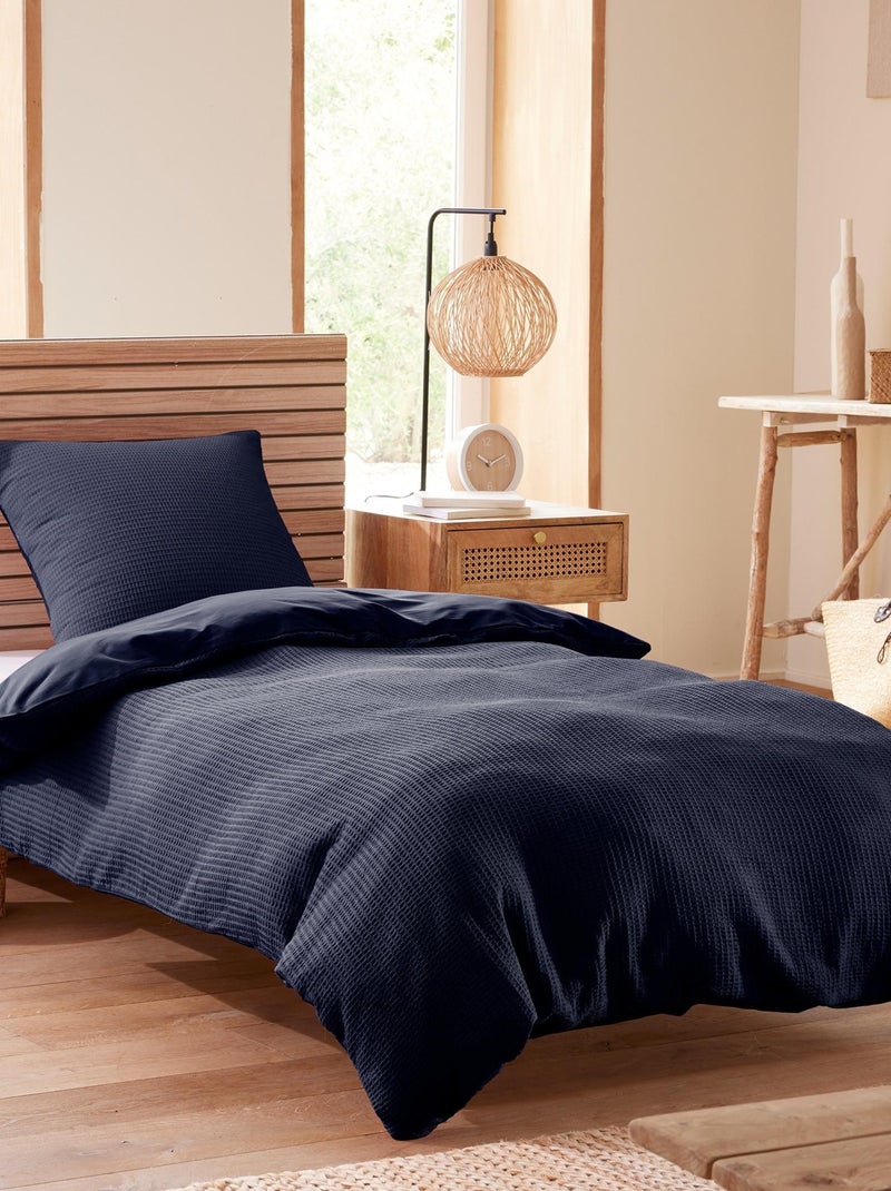 Parure de couette "Nid d'abeille" 140 x 200 pour lit 1 place Bleu canard - Kiabi