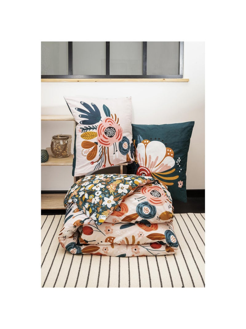 Parure de couette réversible - 100% coton 57 fils + 2 taies -Champêtre Rose - Kiabi