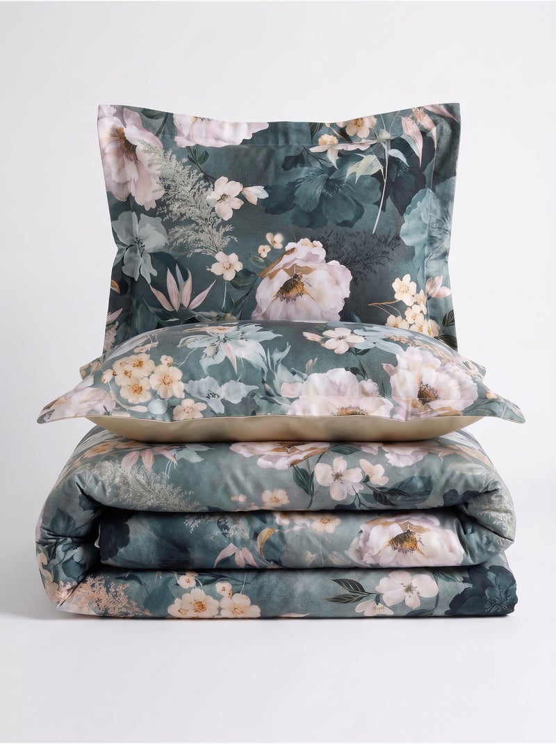 Parure de couette, satin de coton imprimé Vert - Kiabi