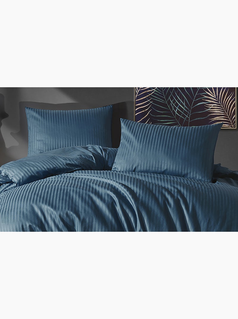 Parure de couette , satin de coton rayé Bleu pétrole - Kiabi
