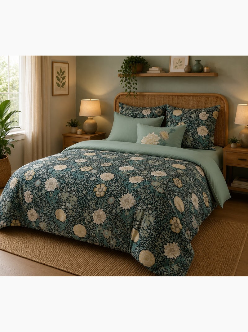 Parure de Drap + 2 taies d'oreiller Collection Bouquet Vert - Kiabi