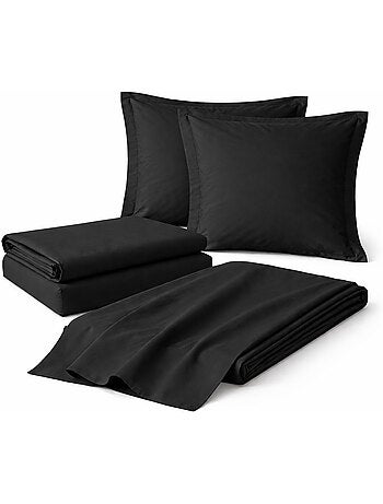 Parure de drap 4 Pièces en coton 57 fils – Drap-Housse, Drap Plat et 2 Taies d’Oreiller