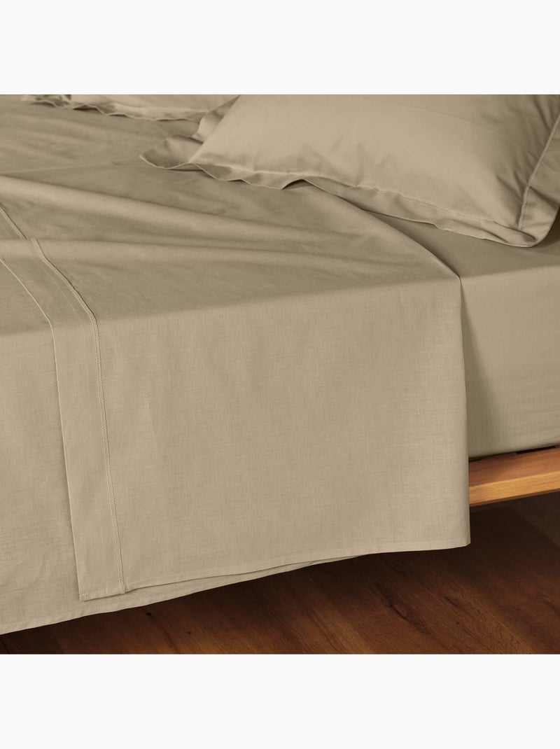 Parure de drap 4 Pièces en coton 57 fils – Drap-Housse, Drap Plat et 2 Taies d’Oreiller Sable - Kiabi