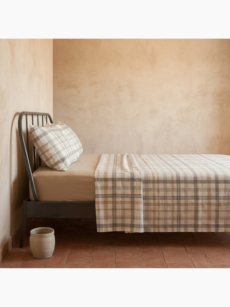Parure de draps 100% coton à carreaux Vichy, taie d'oreiller incluse - Gamusi Blanc Beige Gris - Kiabi