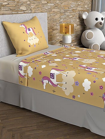 Parure de draps 180x290 cm LICORNES, 100% coton 57 fils/cm2, par Soleil d'O avec 1 taie d'oreiller