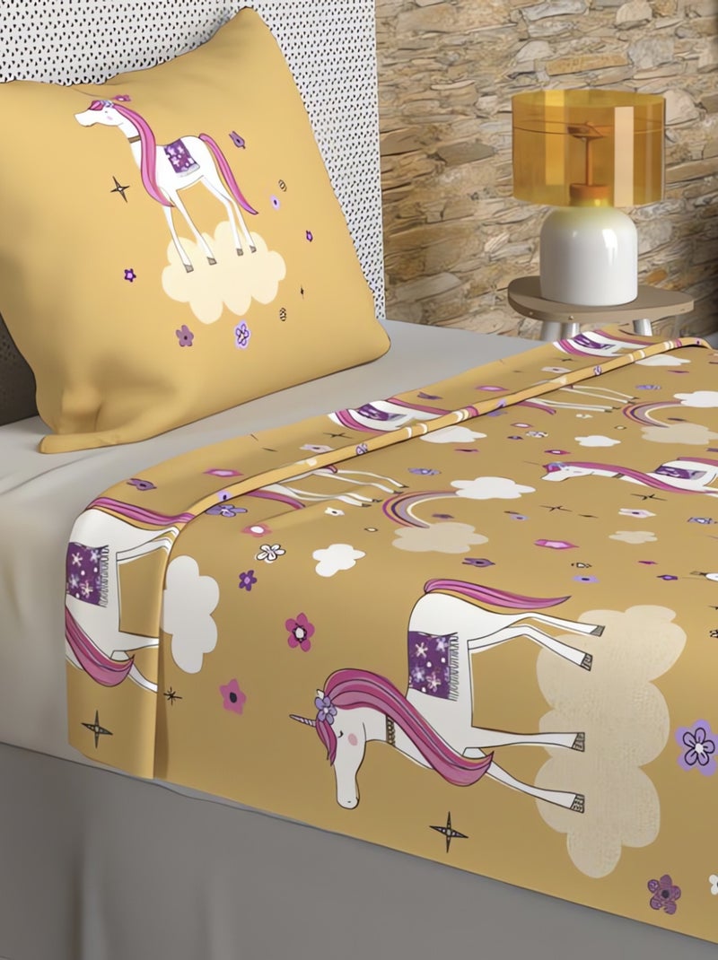 Parure de draps 180x290 cm LICORNES, 100% coton 57 fils/cm2, par Soleil d'O avec 1 taie d'oreiller Jaune - Kiabi