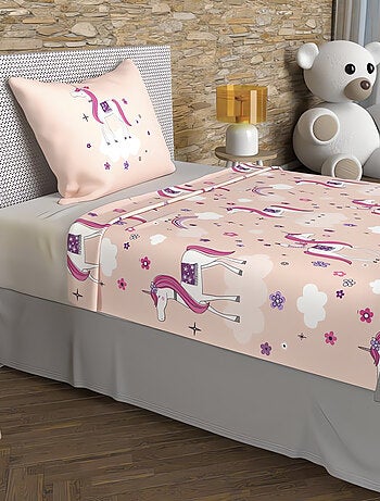 Parure de draps 180x290 cm LICORNES, 100% coton 57 fils/cm2, par Soleil d'O avec 1 taie d'oreiller