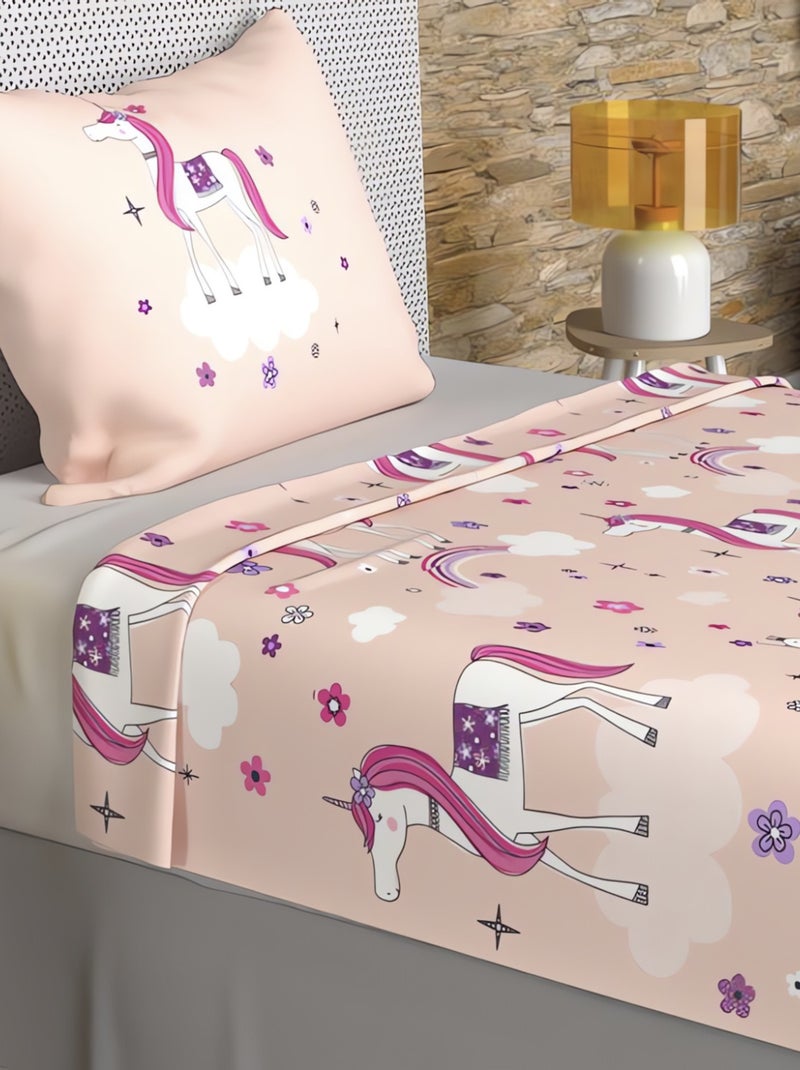 Parure de draps 180x290 cm LICORNES, 100% coton 57 fils/cm2, par Soleil d'O avec 1 taie d'oreiller Rose - Kiabi