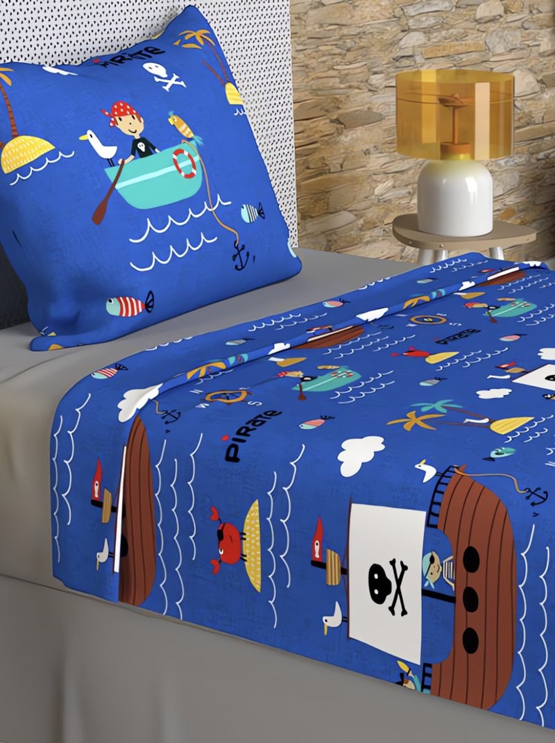 Parure de draps 180x290 cm PIRATES, 100% coton 57 fils/cm2, par Soleil d'Oc avec 1 taie d'oreiller Bleu - Kiabi