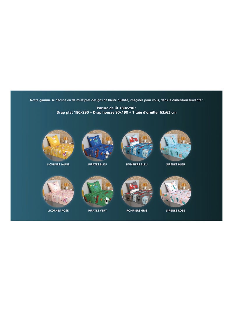 Parure de draps 180x290 cm PIRATES, 100% coton 57 fils/cm2, par Soleil d'Oc avec 1 taie d'oreiller Bleu - Kiabi