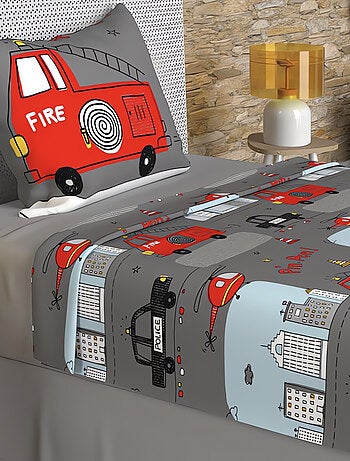 Parure de draps 180x290 cm POMPIERS, 100% coton 57 fils/cm2, par Soleil d'O avec 1 taie d'oreiller