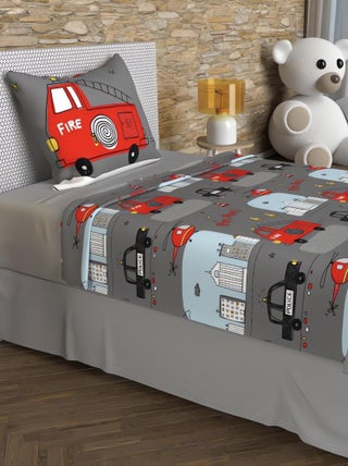 Parure de draps 180x290 cm POMPIERS, 100% coton 57 fils/cm2, par Soleil d'O avec 1 taie d'oreiller