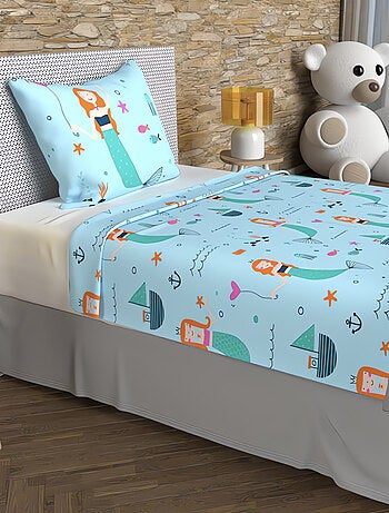 Parure de draps 180x290 cm SIRENES, 100% coton 57 fils/cm2, par Soleil d'Oc avec 1 taie d'oreiller