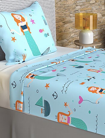 Parure de draps 180x290 cm SIRENES, 100% coton 57 fils/cm2, par Soleil d'Oc avec 1 taie d'oreiller