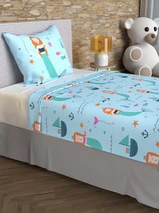 Parure de draps 180x290 cm SIRENES, 100% coton 57 fils/cm2, par Soleil d'Oc avec 1 taie d'oreiller