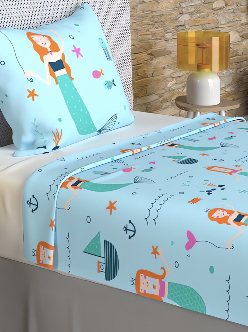 Parure de draps 180x290 cm SIRENES, 100% coton 57 fils/cm2, par Soleil d'Oc avec 1 taie d'oreiller Bleu - Kiabi