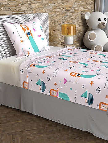 Parure de draps 180x290 cm SIRENES, 100% coton 57 fils/cm2, par Soleil d'Oc avec 1 taie d'oreiller