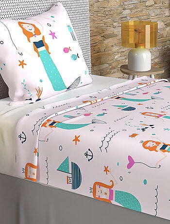 Parure de draps 180x290 cm SIRENES, 100% coton 57 fils/cm2, par Soleil d'Oc avec 1 taie d'oreiller