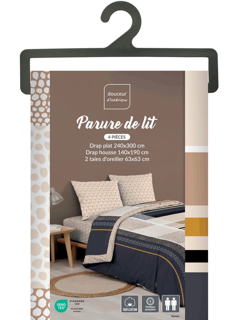 Parure de draps 4 pièces réversible – 100 % coton – Imprimé 42 fils/cm² Roméo Blanc - Kiabi