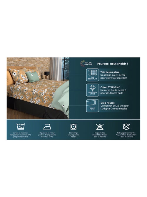 Parure de draps coton 57 fils ESMERALDA, par Soleil d'ocre avec 2 taies d'oreiller - Kiabi
