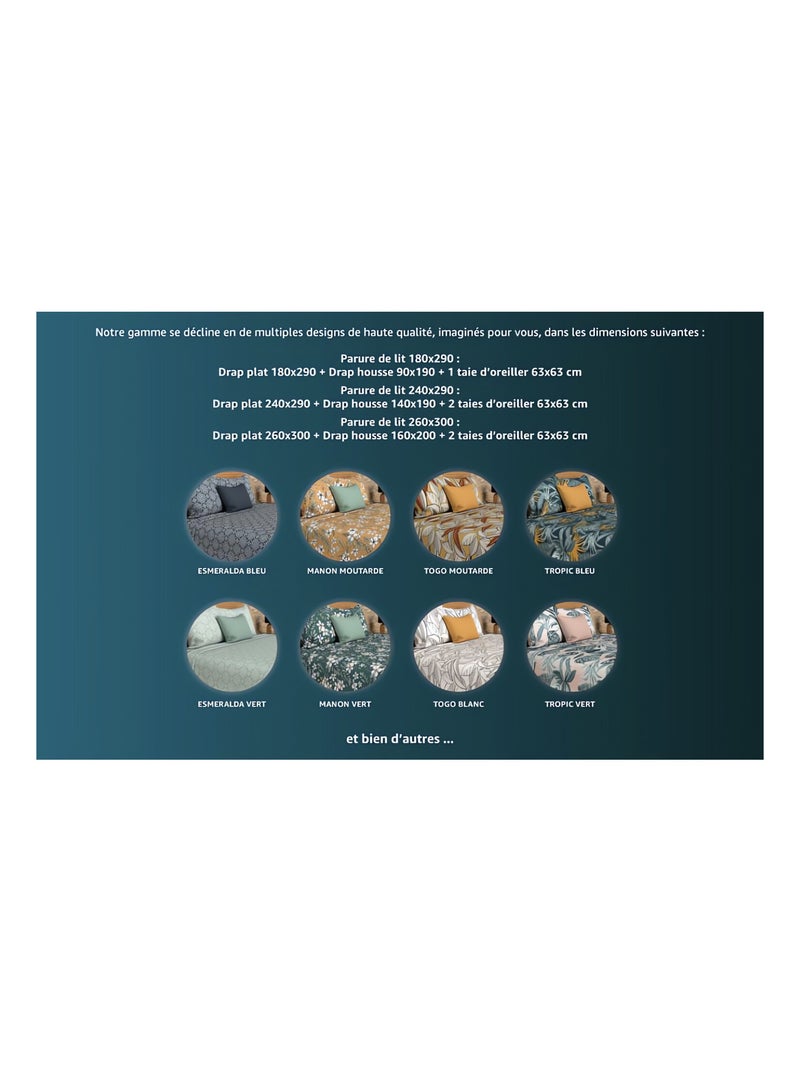 Parure de draps en coton 57 fils NOUMEA, par Soleil d'ocre avec 1 taie d'oreiller Vert - Kiabi