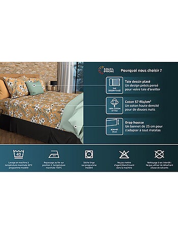 Parure de draps en coton 57 fils NOUMEA, par Soleil d'ocre avec 2 taies d'oreiller