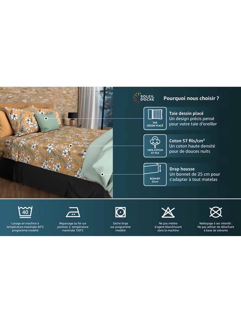 Parure de draps en coton 57 fils NOUMEA, par Soleil d'ocre avec 2 taies d'oreiller Noir - Kiabi