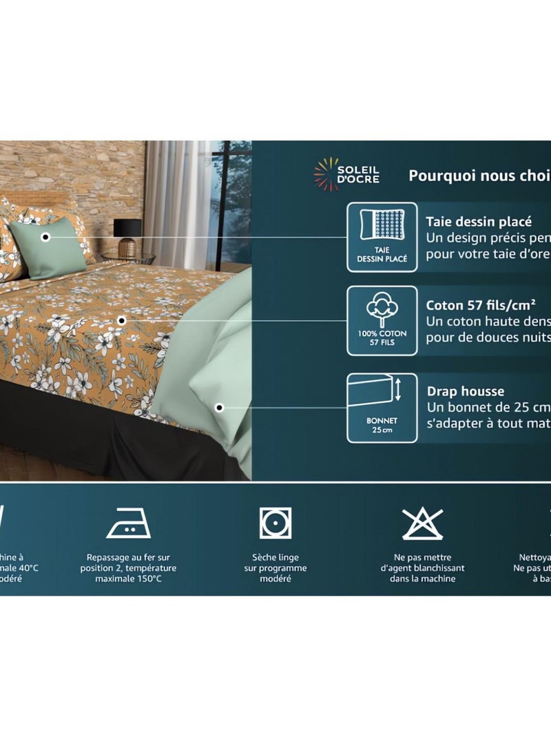 Parure de draps en coton 57 fils SUBTIL, par Soleil d'ocre avec 1 taie d'oreiller Taupe - Kiabi