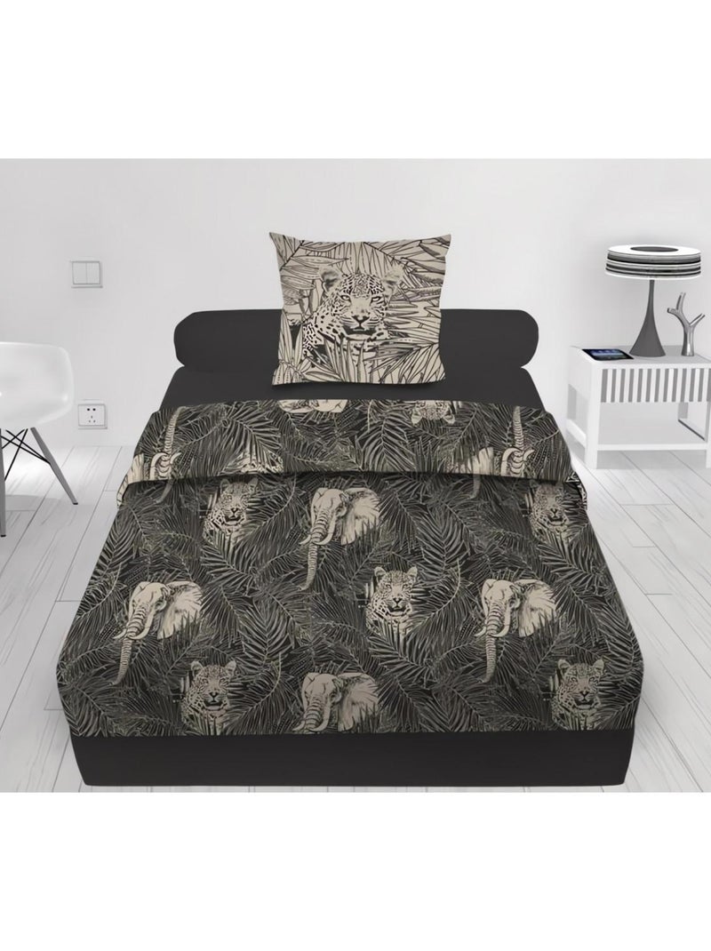 Parure de draps en coton 57 fils/cm2 SAFARI, par Soleil d'Ocre avec 1 taie d'oreiller gris anthracite - Kiabi