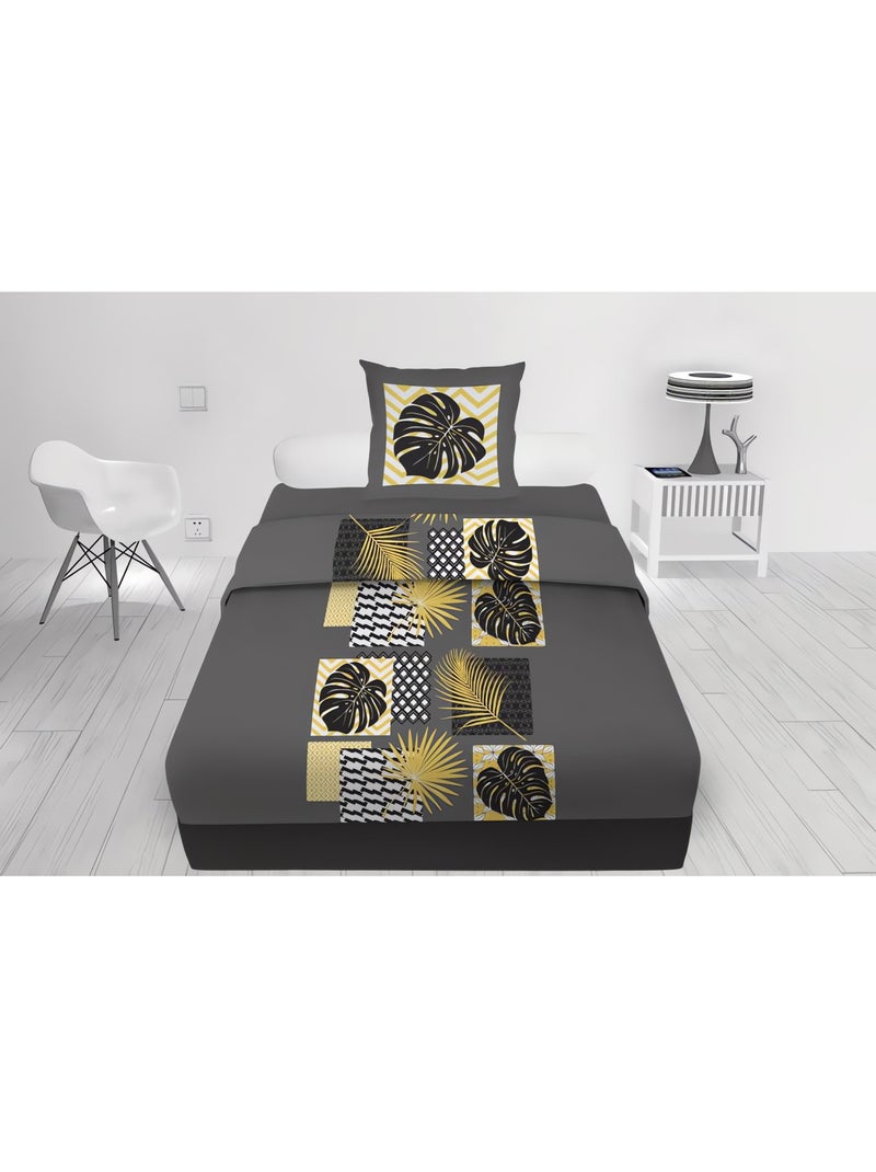 Parure de draps en coton PALMERA, par Soleil d'ocre avec 1 taie d'oreiller gris anthracite - Kiabi