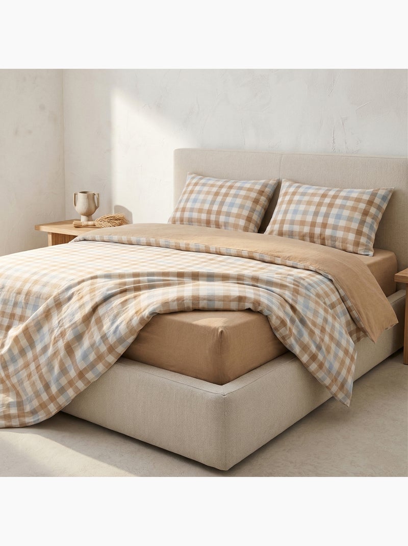 Parure de housse de couette 100% coton à carreaux vichy, taie d'oreiller incluse - Gamusi Blanc Beige Bleu - Kiabi