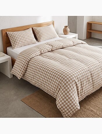 Parure de housse de couette 100% coton avec taie(s) d’oreiller, carreaux vichy, beige - gamusi.