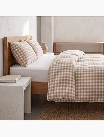 Parure de housse de couette 100% coton avec taie(s) d’oreiller, carreaux vichy, beige - gamusi.