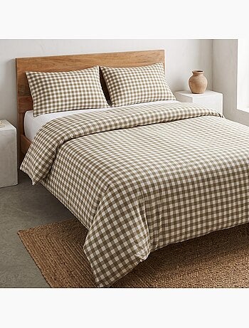 Parure de housse de couette 100% coton avec taie(s) d’oreiller, carreaux vichy, beige - gamusi.