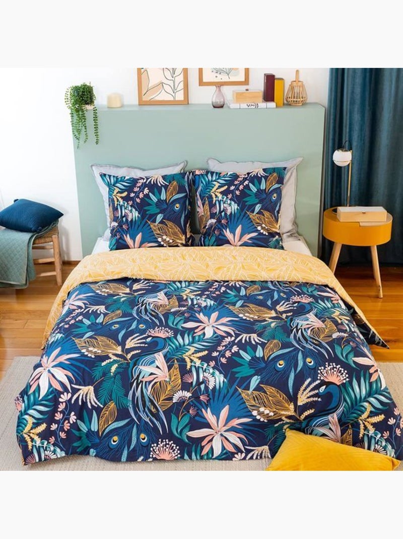 Parure de lit - côte deco - 260x240cm - 100% coton - motif feuilles tropicales - 2 taies Jaune - Kiabi