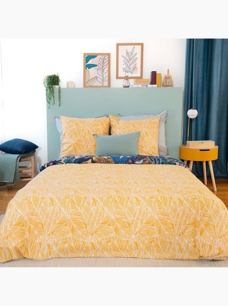 Parure de lit - côte deco - 260x240cm - 100% coton - motif feuilles tropicales - 2 taies Jaune - Kiabi