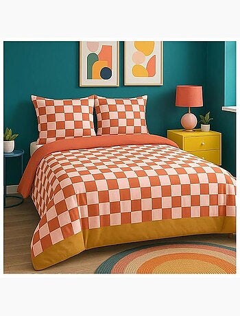 Parure de lit - côté déco - carreaux rouge & rose - 220 x 240 cm - 100% coton - 2 taies 63x63