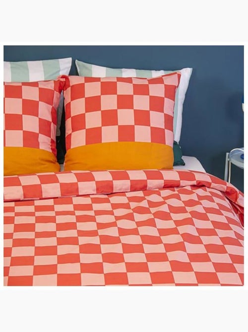 Parure de lit - côté déco - carreaux rouge & rose - 220 x 240 cm - 100% coton - 2 taies 63x63 - Kiabi