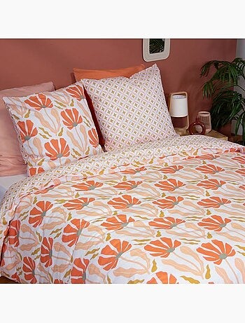 Parure de lit - côté déco - motifs géométriques et fleuris - 220 x 240 cm - 100% coton - rose