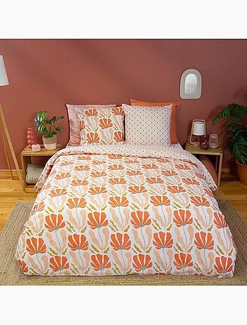 Parure de lit - côté déco - motifs géométriques et fleuris - 220 x 240 cm - 100% coton - rose