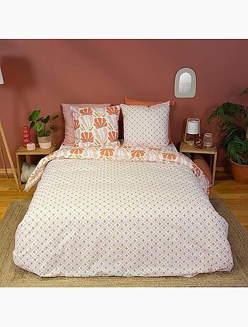 Parure de lit - côté déco - motifs géométriques et fleuris - 220 x 240 cm - 100% coton - rose