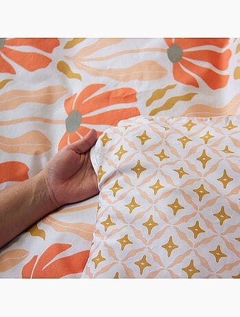 Parure de lit - côté déco - motifs géométriques et fleuris - 220 x 240 cm - 100% coton - rose