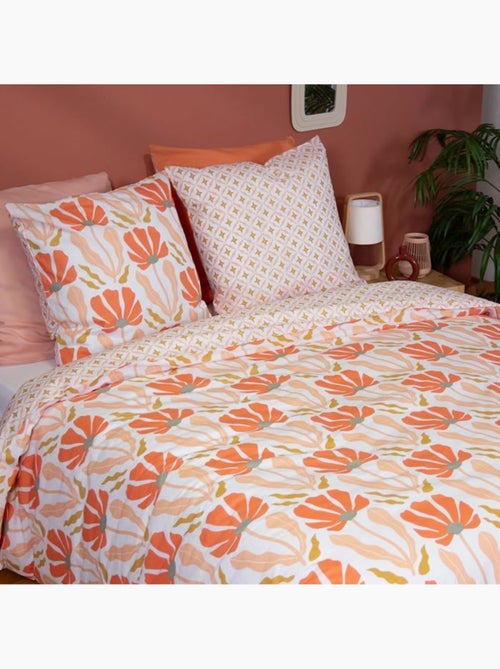 Parure de lit - côté déco - motifs géométriques et fleuris - 220 x 240 cm - 100% coton - rose - Kiabi Parure de lit - côté déco - motifs géométriques et fleuris - 220 x 240 cm - 100% coton - rose - Kiabi